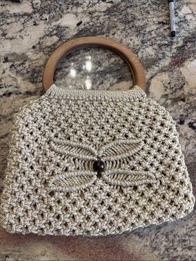 Cream Crochet macrame Handbag with Wooden Handles lined